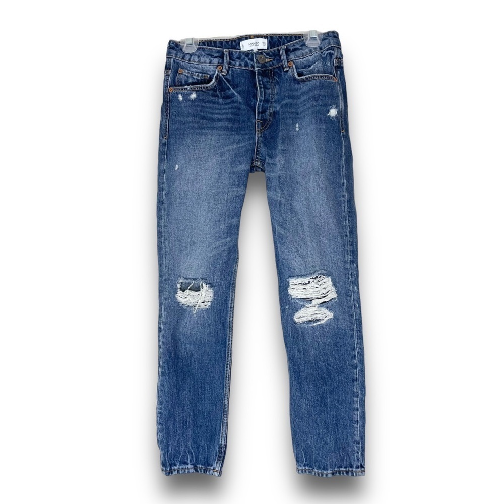 MANGO Denim Rachel Straight Leg Distressed Medium Wash Jeans Women's 2